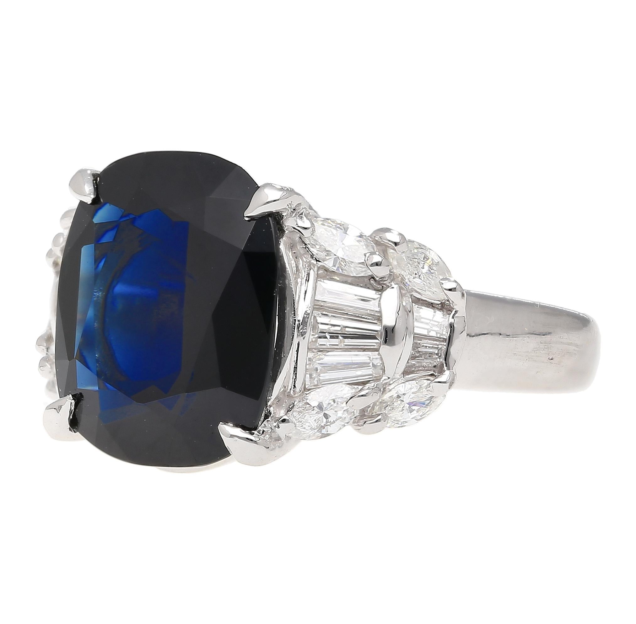 Platinum 7.52 Carat Cushion Cut Blue Sapphire and Diamond Engagement Ring