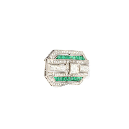 Platinum and 18K White Gold Brooch with Diamonds and Emerald