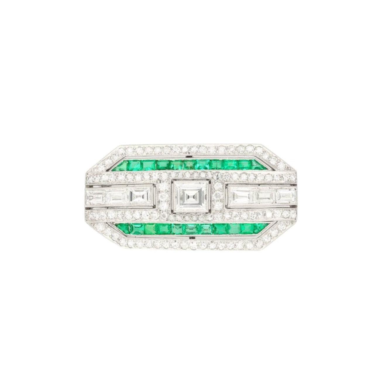 Platinum and 18K White Gold Brooch with Diamonds and Emerald-Brooches & Lapel Pins-ASSAY