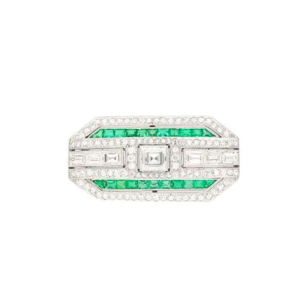 Platinum and 18K White Gold Brooch with Diamonds and Emerald