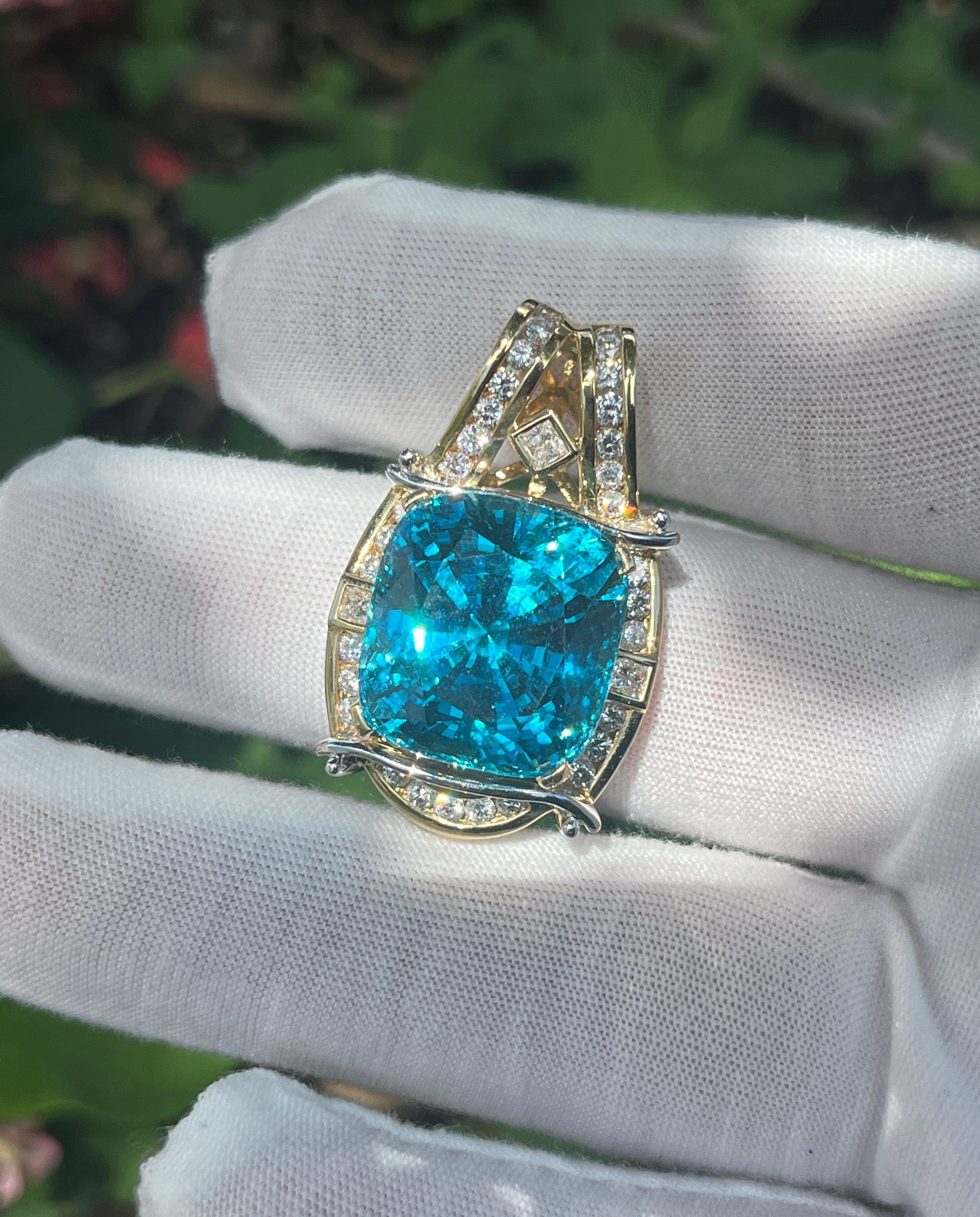 Rare GIA Certified 50 Carat Greenish Blue Zircon Pendant Necklace with Diamonds in Platinum & 18K Yellow Gold-Necklace-ASSAY