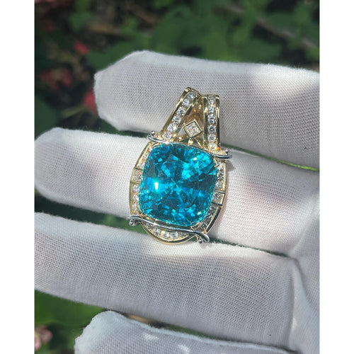 Rare GIA Certified 50 Carat Greenish Blue Zircon Pendant Necklace with Diamonds in Platinum & 18K Yellow Gold