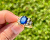 Retro Style Chanthaburi Blue Sapphire ring with Baguette Diamond Sidestones