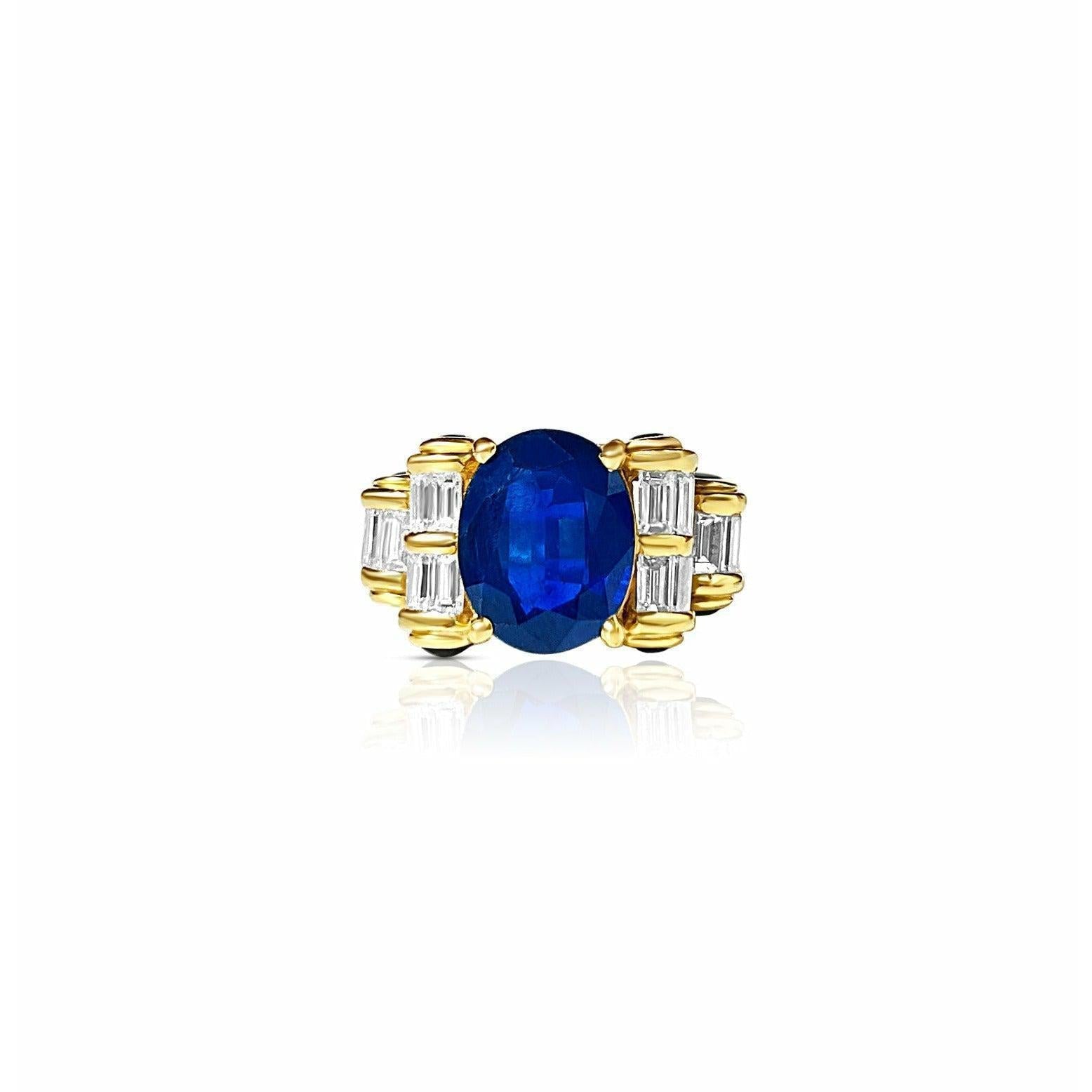 Retro Style Chanthaburi Blue Sapphire ring with Baguette Diamond Sidestones - ASSAY