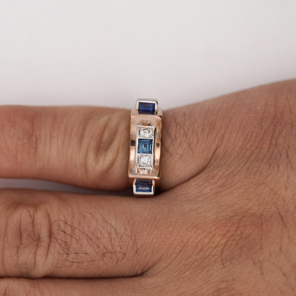 Retro Style Sapphire & Diamond Channel 14K Two Tone Unisex Band Ring