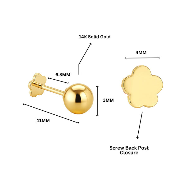 Reversible 3mm 14K Yellow Gold Ball Stud & Clover Screw Back Single Stud Earring