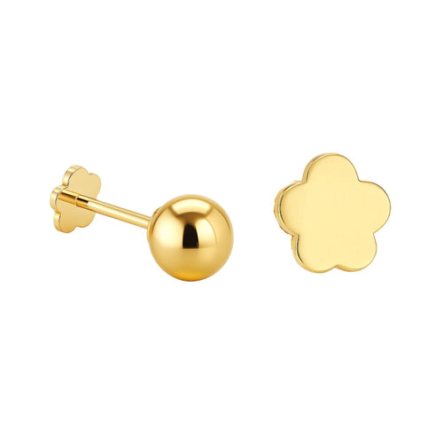Reversible 3mm 14K Yellow Gold Ball Stud & Clover Screw Back Single Stud Earring