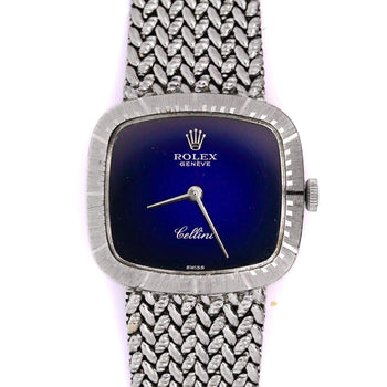 Rolex Cellini 4082 Blue Vignette Dial 24mm Woven 18K White Gold Mesh Watch – Assay Jewelers