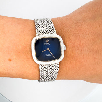 Rolex Cellini 4082 Blue Vignette Dial 24mm Woven 18K White Gold Mesh Watch – Assay Jewelers