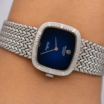 Rolex Cellini 4082 Blue Vignette Dial 24mm Woven 18K White Gold Mesh Watch – Assay Jewelers