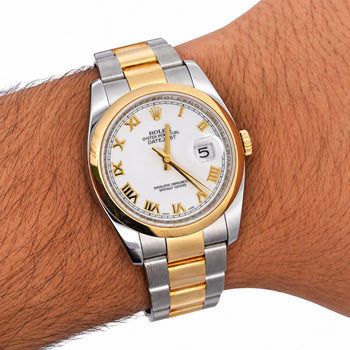 Rolex Datejust 116203 36mm White Roman Dial Two-Tone 18K Gold Oyster Watch – Assay Jewelers