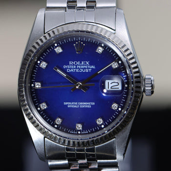 Rolex Datejust 16014 Blue Vignette Diamond Dial 36mm Steel White Gold Watch – Assay Jewelers