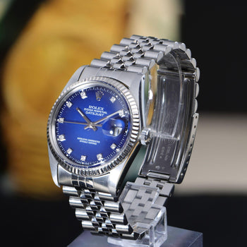 Rolex Datejust 16014 Blue Vignette Diamond Dial 36mm Steel White Gold Watch – Assay Jewelers