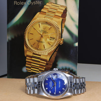 Rolex Datejust 16014 Blue Vignette Diamond Dial 36mm Steel White Gold Watch – Assay Jewelers
