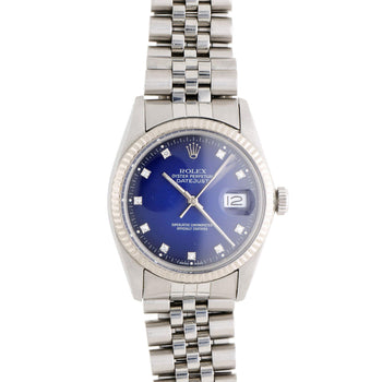 Rolex Datejust 16014 Blue Vignette Diamond Dial 36mm Steel White Gold Watch – Assay Jewelers