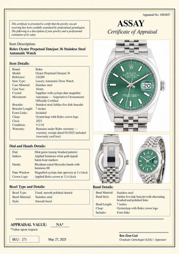Rolex Datejust 36mm 126200 Mint Green Dial Steel 2023 Jubilee Watch – Assay Jewelers