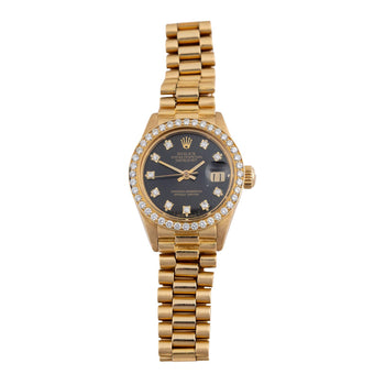 Rolex Datejust 6917 26mm 18K Gold President Diamond Bezel Black Dial Watch – Assay Jewelers