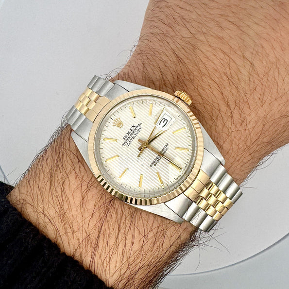 Rolex Datejust Silver Tapestry Dial 2 Tone Jubilee 36mm 16013 Watch Box/Papers