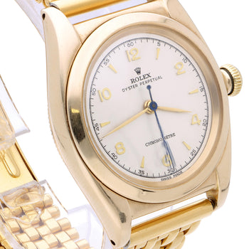 Rolex OP 3131 Bubbleback 18K Gold 31mm Chronometre White Arabic Dial Watch – Assay Jewelers