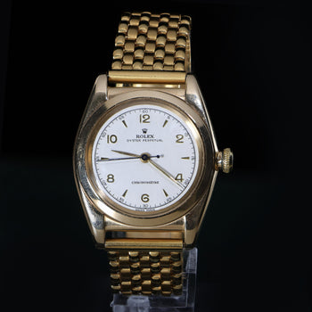 Rolex OP 3131 Bubbleback 18K Gold 31mm Chronometre White Arabic Dial Watch – Assay Jewelers