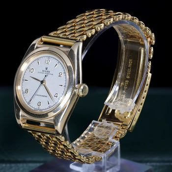 Rolex OP 3131 Bubbleback 18K Gold 31mm Chronometre White Arabic Dial Watch – Assay Jewelers