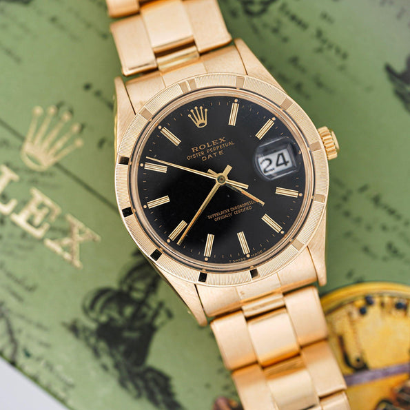 Rolex OP Date 1501 34mm 18K Gold Black Gloss Dial Watch