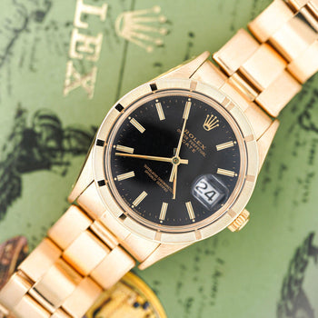 Rolex OP Date 1501 34mm 18K Gold Black Gloss Dial Watch – Assay Jewelers