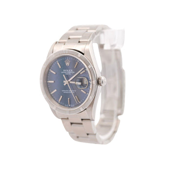 Rolex OP Date 15210 Steel Blue Dial Engine Turned Bezel Watch – Assay Jewelers