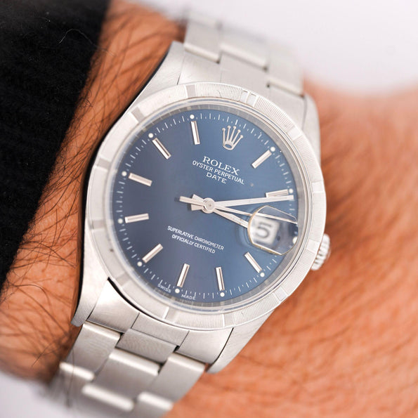 Rolex OP Date 15210 Steel Blue Dial Engine Turned Bezel Watch