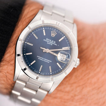 Rolex OP Date 15210 Steel Blue Dial Engine Turned Bezel Watch – Assay Jewelers