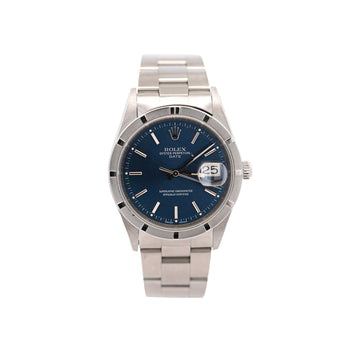 Rolex OP Date 15210 Steel Blue Dial Engine Turned Bezel Watch – Assay Jewelers