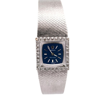 Rolex Precision 2157 Ladies 18k White Gold Diamond Bezel Blue Dial Watch 1972 – Assay Jewelers