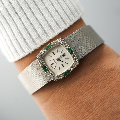 Rolex Precision Emerald & Diamond Bezel 18K White Gold Frosted Bracelet Watch