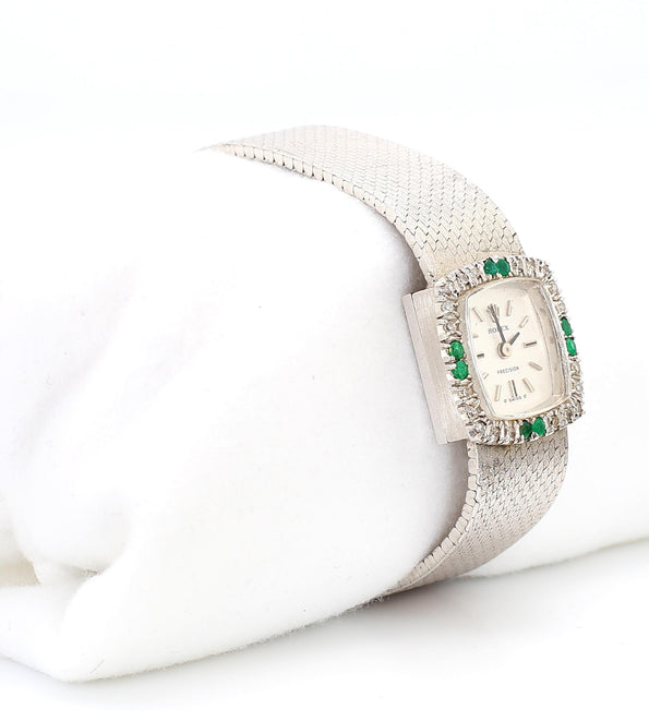 Rolex Precision Emerald & Diamond Bezel 18K White Gold Frosted Bracelet Watch