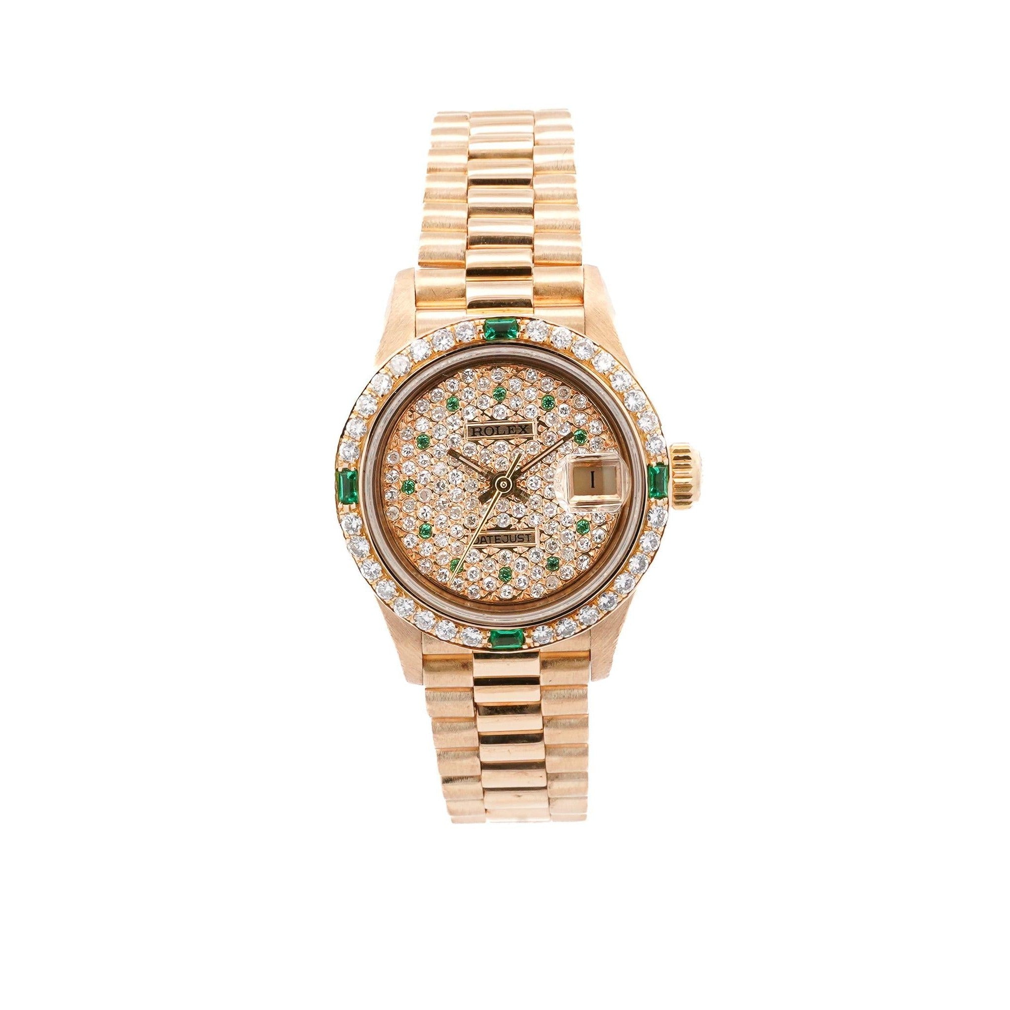 Rolex President Datejust 26mm 18K Gold Emerald & Diamond Ladies Watch