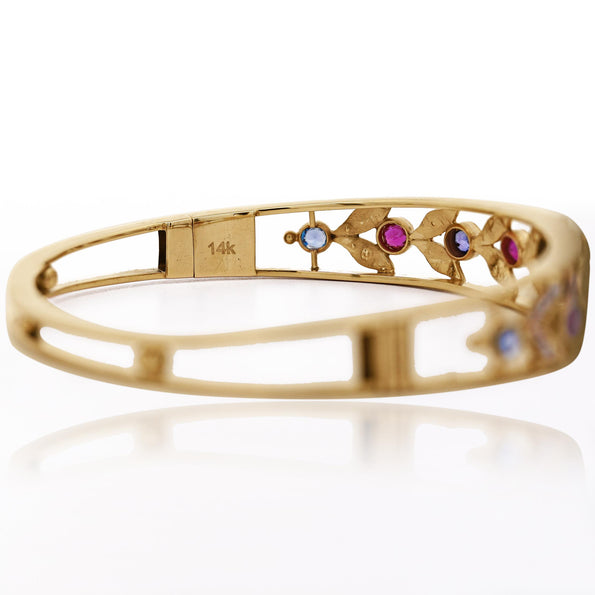 Sapphire, Ruby, & Seed Pearl 14K Gold Openwork Bangle Bracelet