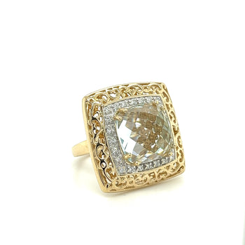 Sky Blue Topaz and Diamond Ring in 14K Gold Curved Filigree Wide Frame – Assay Jewelers