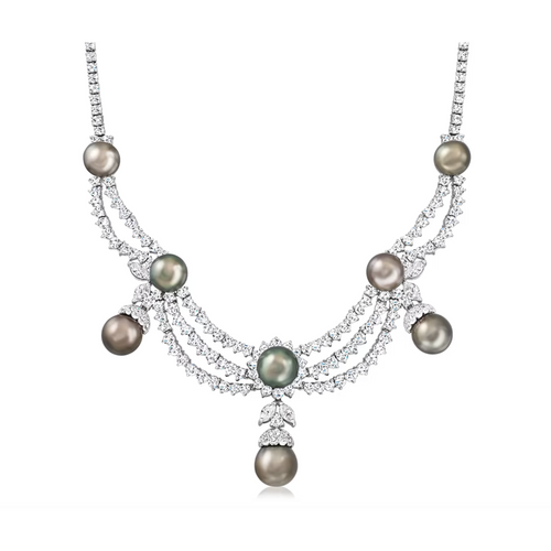 South Sea Black Pearl, White Diamond Platinum Necklace Earrings Set