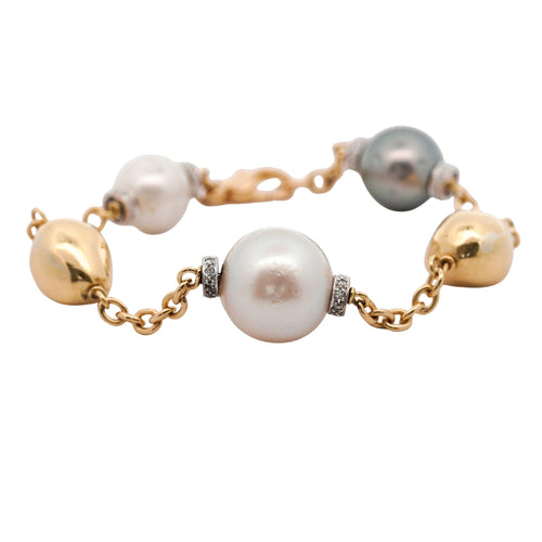 South Sea and Akoya Pearl With Gold Beads 18K Gold Station Bracelet