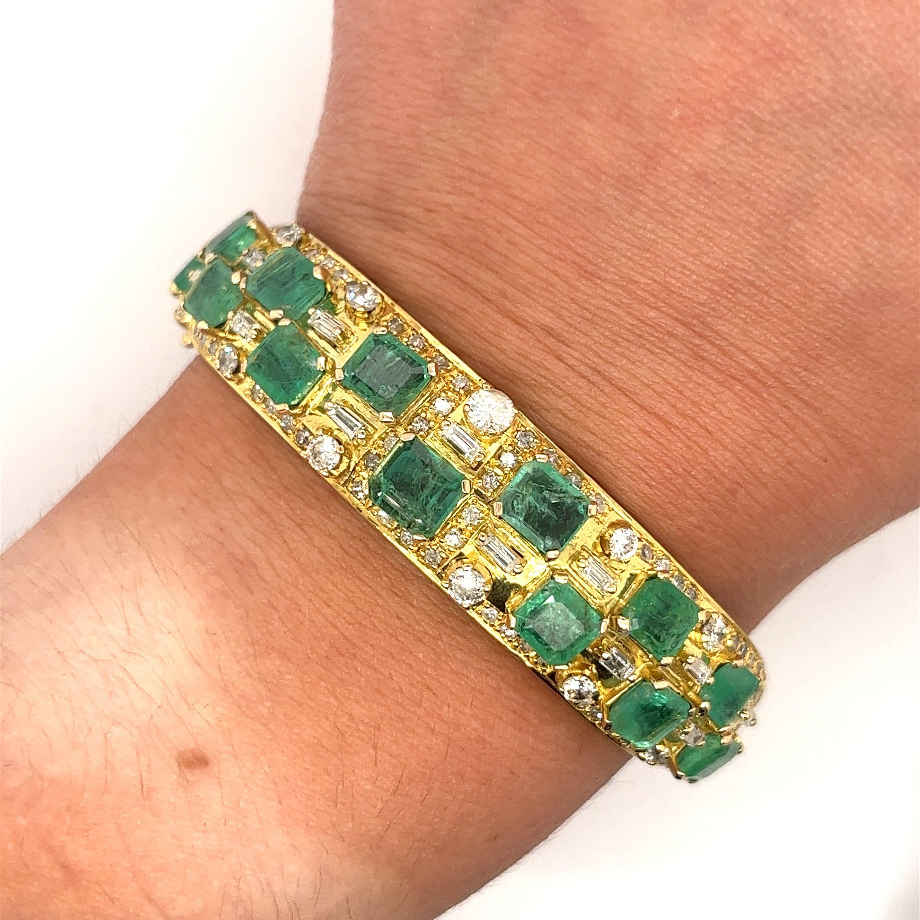 Square Cut Emerald and Baguette Diamond Bangle in 18k Yellow Gold-Bangles-ASSAY