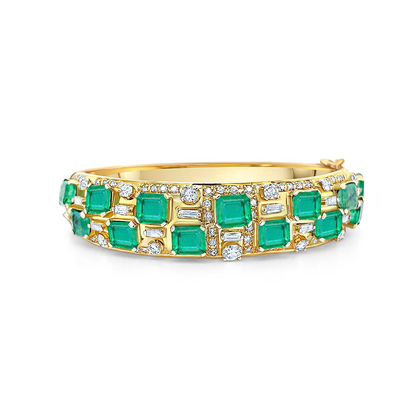 Square Cut Emerald and Baguette Diamond Bangle in 18k Yellow Gold-Bangles-ASSAY