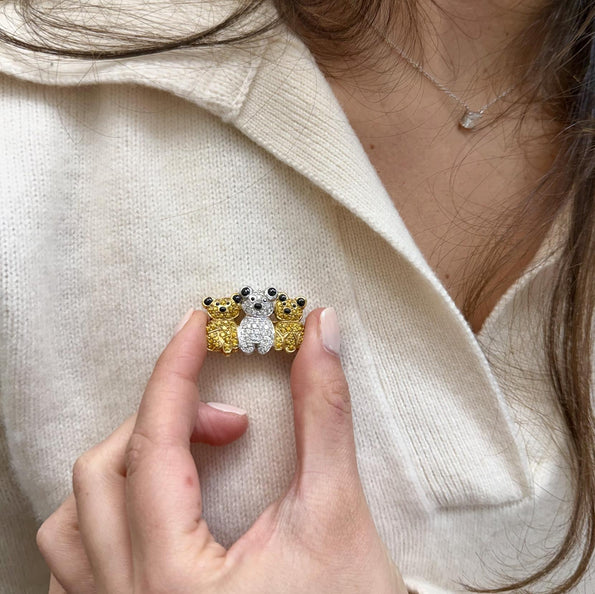 Three Bear Motif 18K Two-Tone Gold Diamond and Sapphire Convertible Brooch Pin