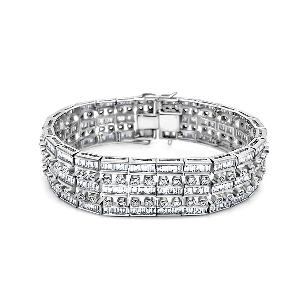 Unisex 18k Solid White Gold Baguette and Round Cut Natural Diamond 5-Row Multi Link Bracelet-Bracelet-ASSAY