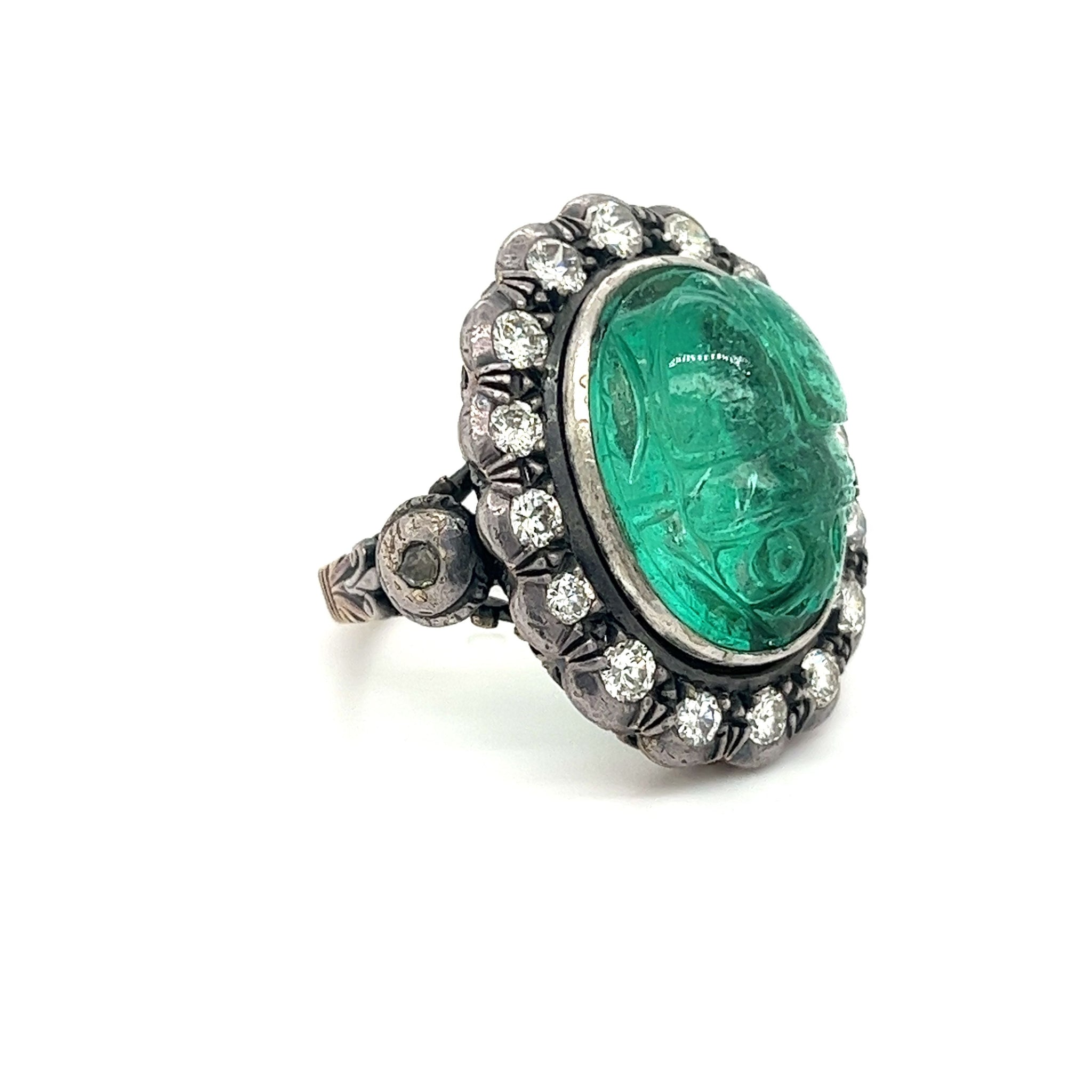 Victorian 15ct Carved Emerald Beetle Motif Antique Ring with