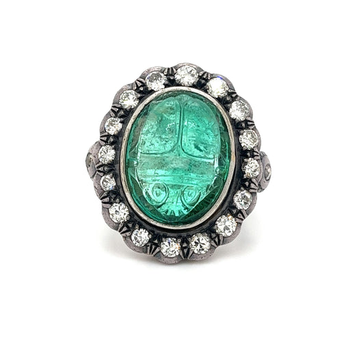 Victorian Era 15 Carat Carved Emerald Beetle Antique Diamond Halo Ring