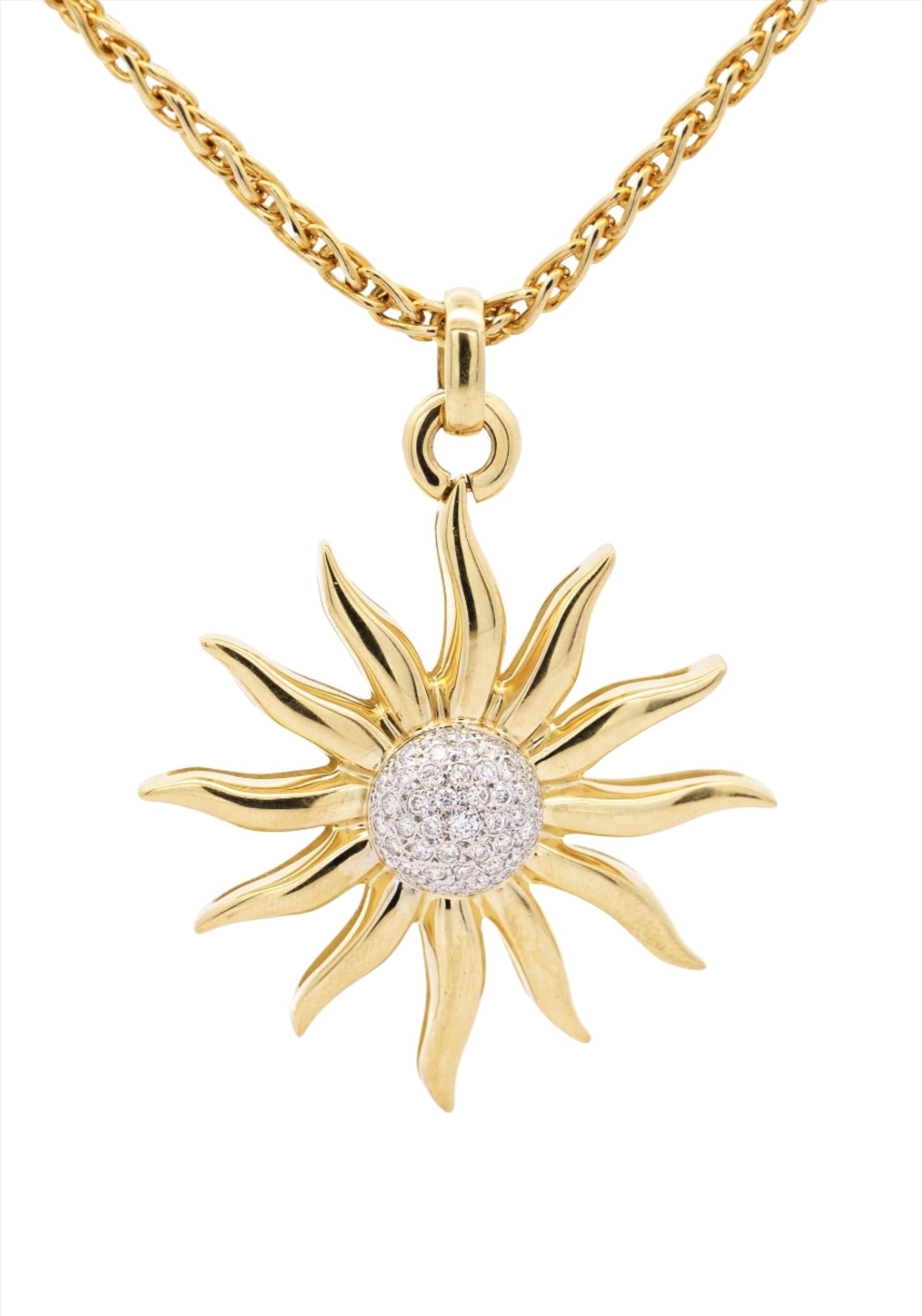 Vintage 0.85 Carat Sun Motif Diamond Pendant Necklace Crafted in 18k Yellow Gold