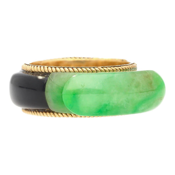 Vintage 11.40 Carved Jade with Onyx Band Ring in 14K Yellow