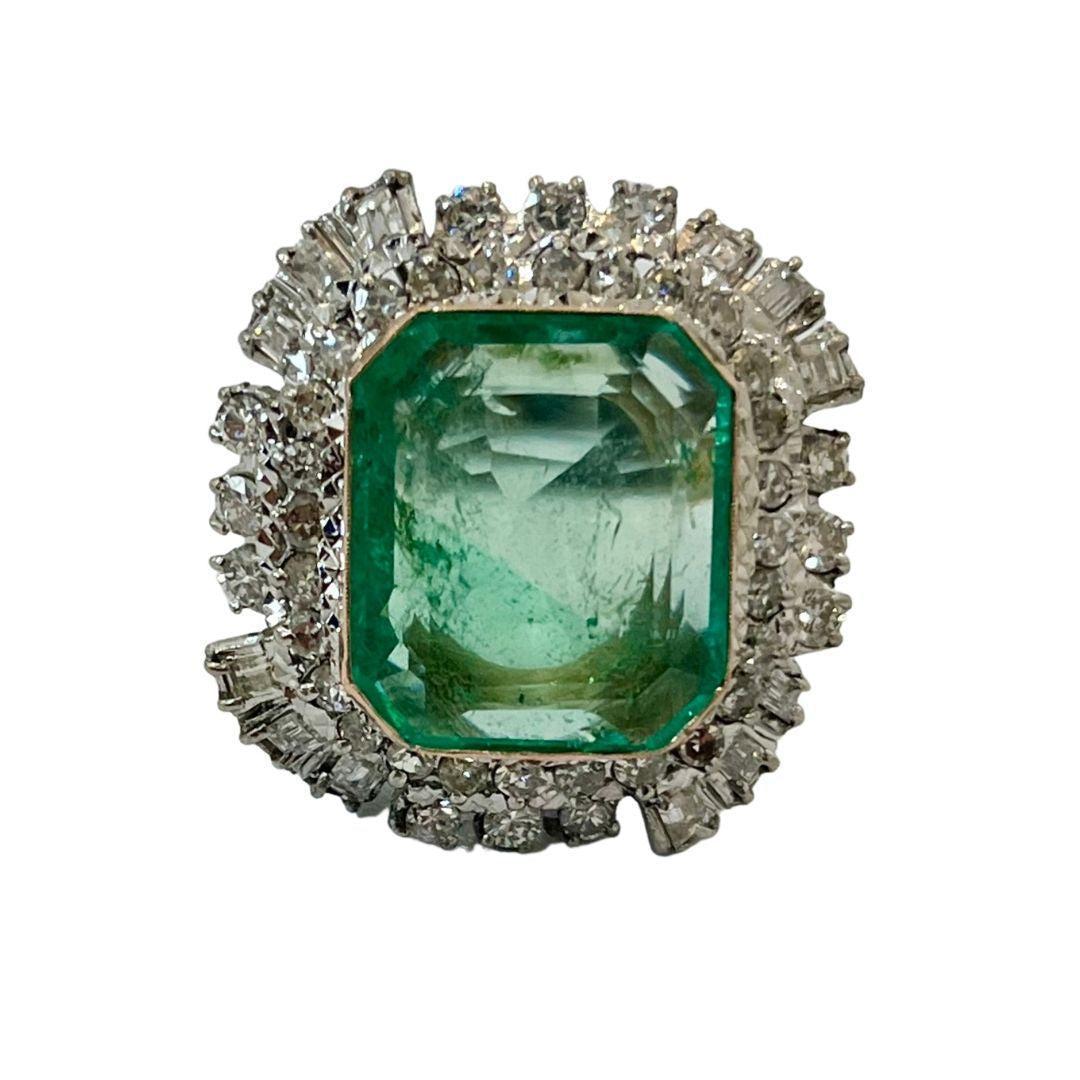 Vintage 12 Carat Colombian Emerald and Diamond Halo Ring Set in Palladium - ASSAY