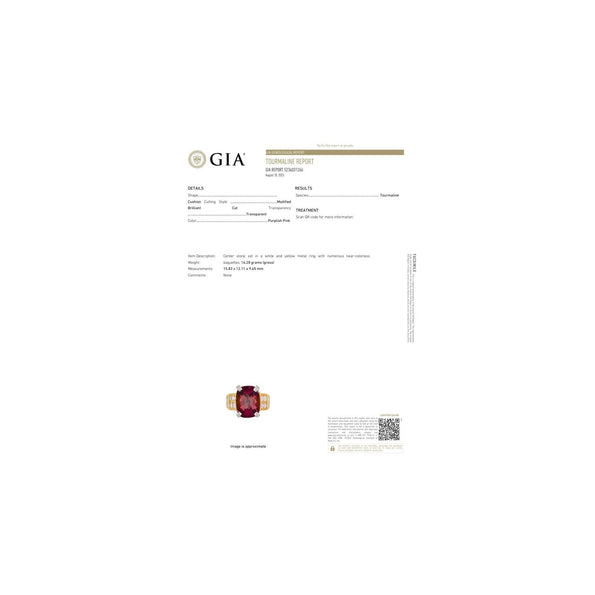 Vintage 13.50 Carat GIA Certified Purplish-Pink Tourmaline and Diamond 18K and Platinum Ring
