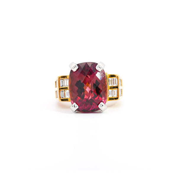 Vintage 13.50 Carat GIA Certified Purplish-Pink Tourmaline and Diamond 18K and Platinum Ring